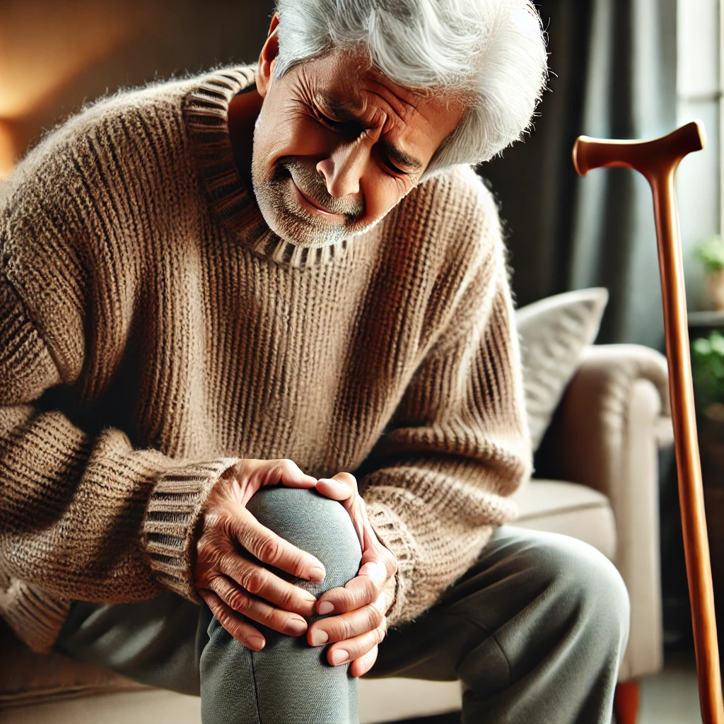 DALL·E-2025-03-24-15.29.50-An-elderly-person-with-knee-pain-sitting-on-a-chair-holding-their-knee-with-a-pained-expression.-The-person-has-gray-hair-wears-a-warm-sweater-and-c.webp